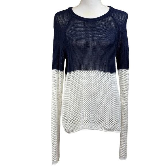 Vertical Design blue/white sweater, large, vacation, tropical, coastal, travel - Picture 1 of 5